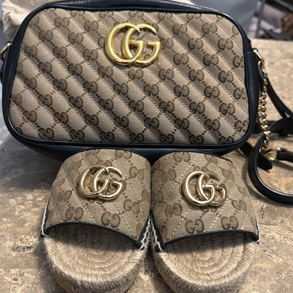 BOTH Gucci Women's Brown Espadrille Slides & Marmont Bag
